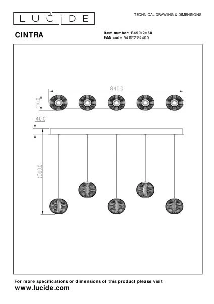 Lucide CINTRA - Pendelleuchten - LED Dim. - 5x4,7W 2700K - Transparent - technisch